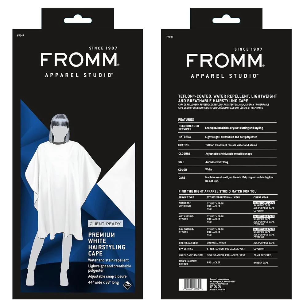 Fromm Premium Styling & Shampoo Capes – White & Gunmetal Pro Capes
