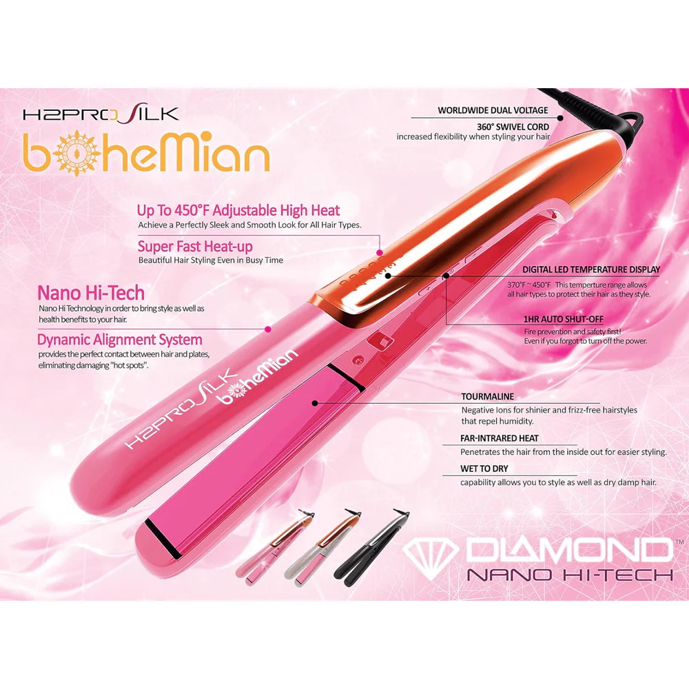 H2PRO Silk Bohemian 1" Ceramic Tourmaline Styling Iron β 450β Nano Hi-Tech Plates - Image 2