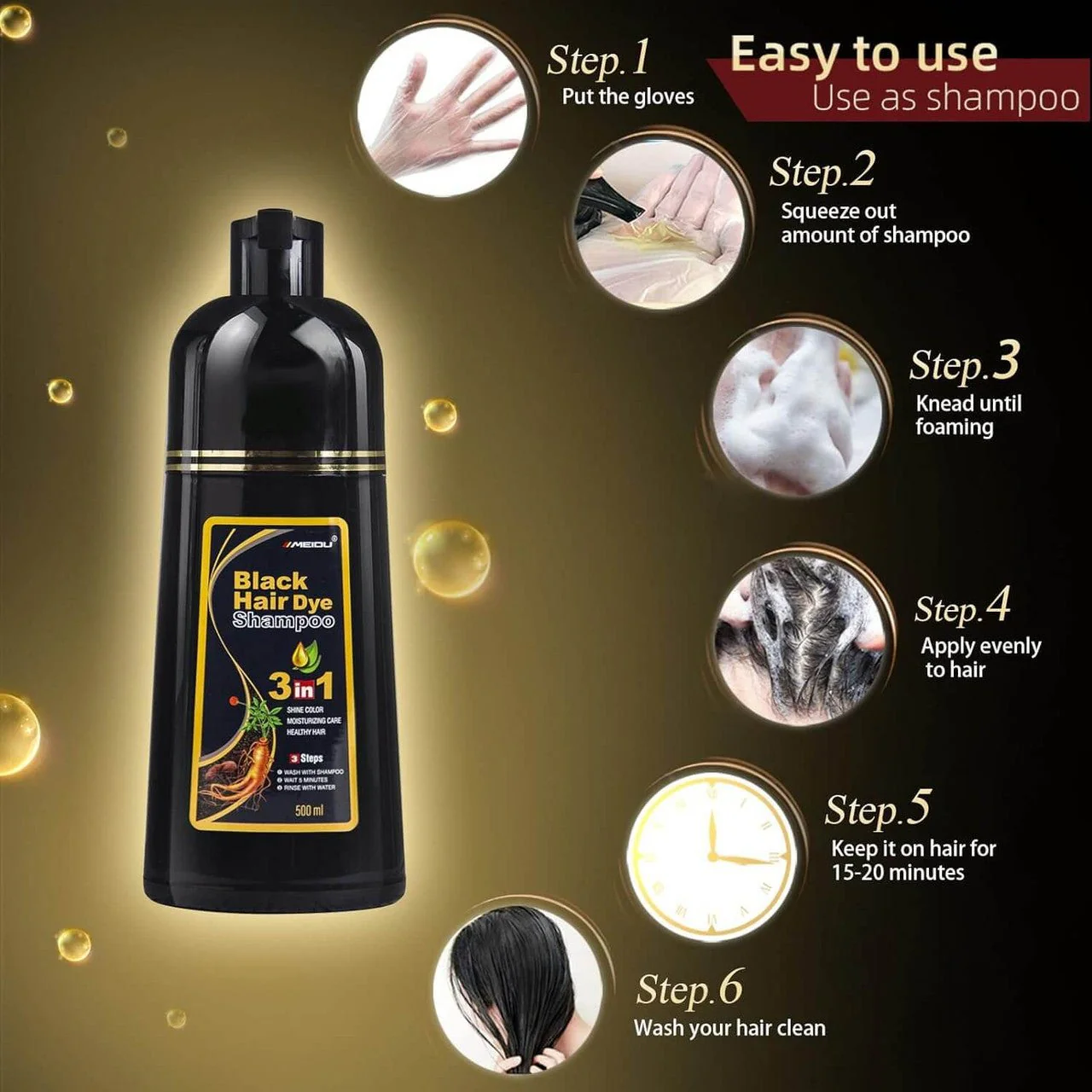 Meidu Black Hair Color 3in1 Shampoo – 500ml - Image 2