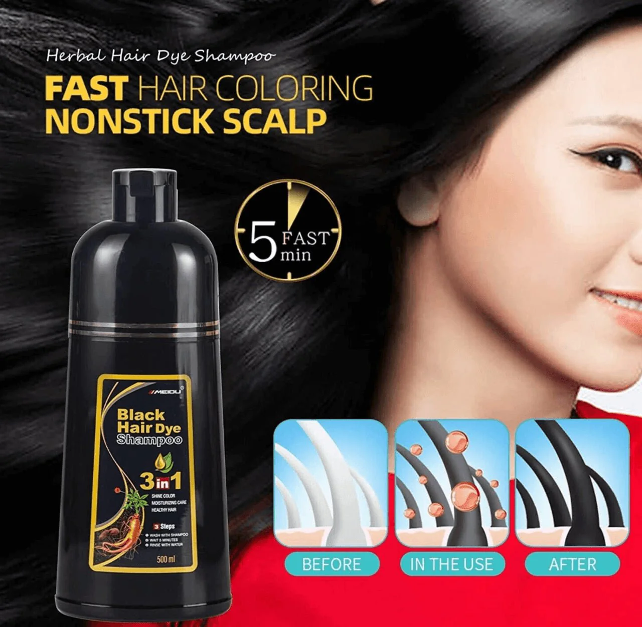 Meidu Black Hair Color 3in1 Shampoo – 500ml - Image 8