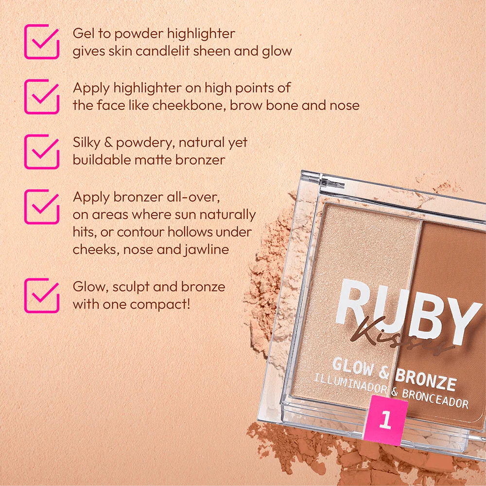 Ruby Kisses Glow & Bronze Highlighter Bronzer Duo β 2-in-1 Radiant Finish 4 Shades - Image 3